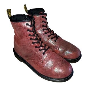 DR. MARTENS Delaney Pink Glitter Leather LaceUp/Zippered Ankle Combat Boots SZ 7